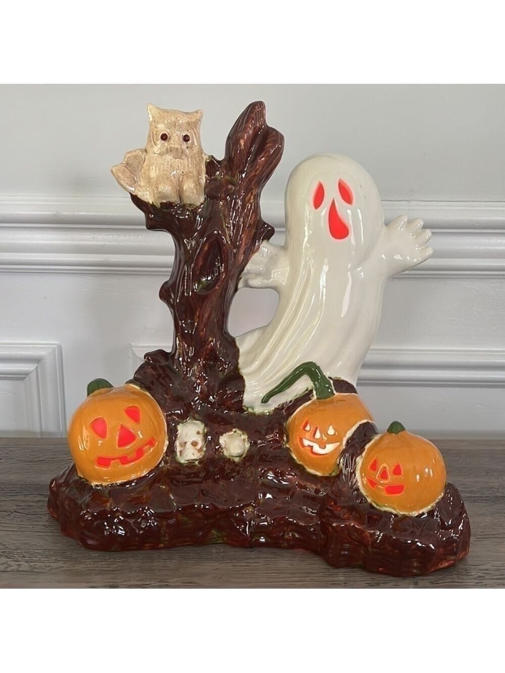 70’s Ceramic Ghost Owl Jack-O Lantern Pumpkin Spooky Halloween Light Up Scene